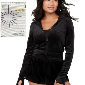 OFFLINE by Aerie Black Velour Zip-Up Hoodie Size L